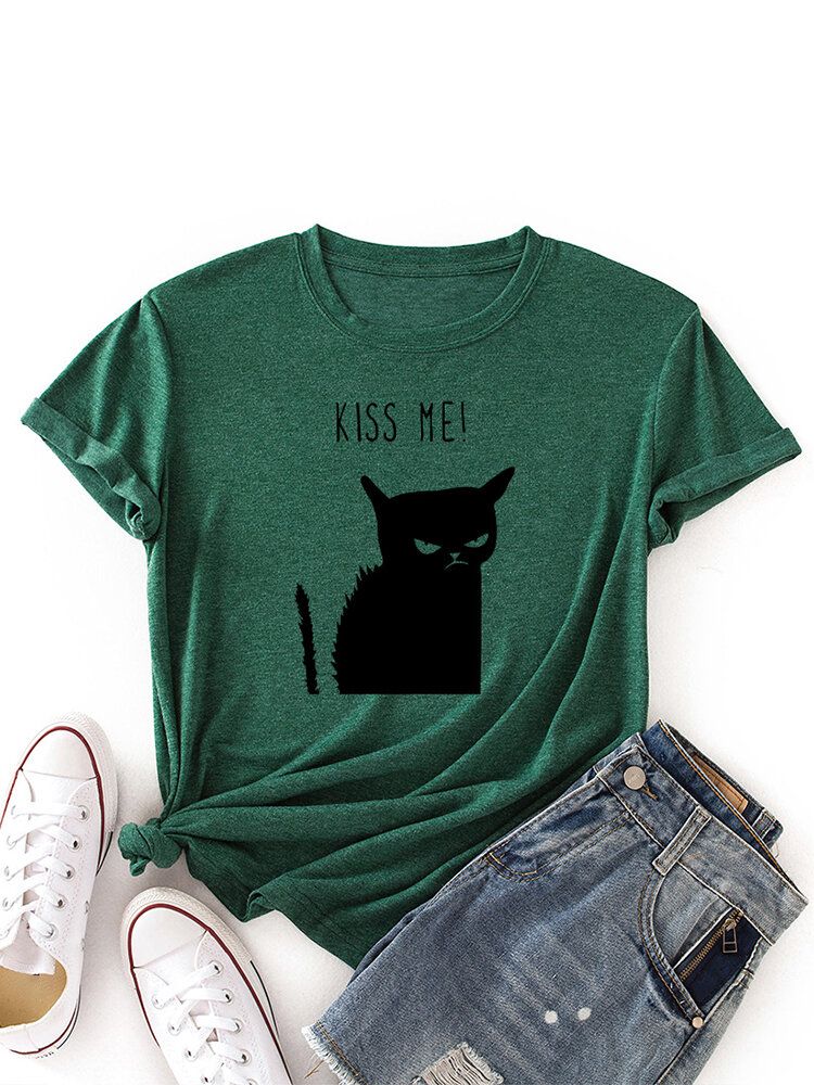 Kurzärmliges Lässiges T-shirt Mit O-ausschnitt Und Kusskatzen-print Für Damen