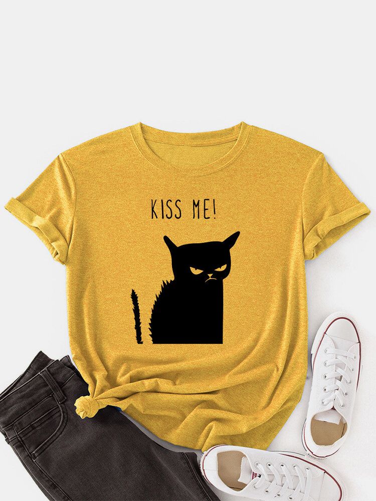 Kurzärmliges Lässiges T-shirt Mit O-ausschnitt Und Kusskatzen-print Für Damen