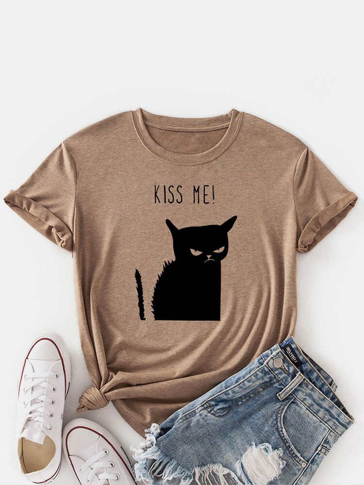 Kurzärmliges Lässiges T-shirt Mit O-ausschnitt Und Kusskatzen-print Für Damen