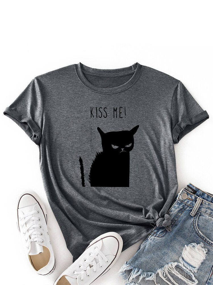 Kurzärmliges Lässiges T-shirt Mit O-ausschnitt Und Kusskatzen-print Für Damen