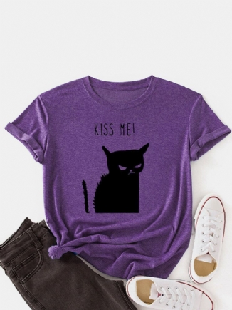 Kurzärmliges Lässiges T-shirt Mit O-ausschnitt Und Kusskatzen-print Für Damen