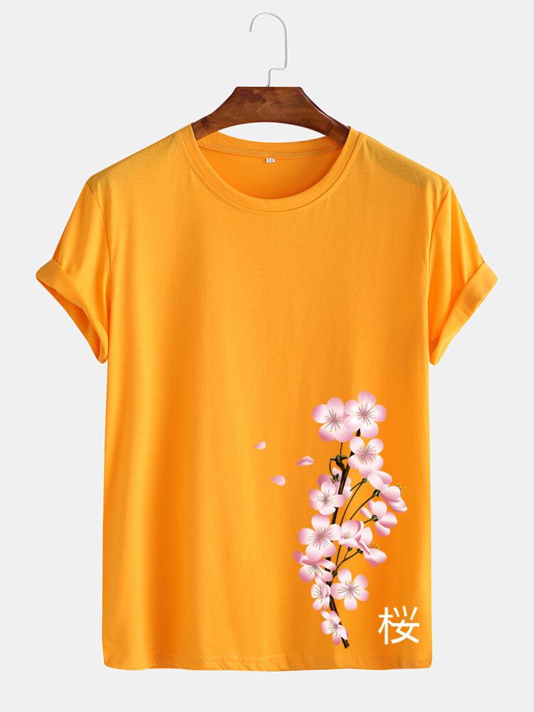 Kurzärmliges O-ausschnitt-t-shirt Im Japanischen Stil Mit Kirschendruck Für Herren