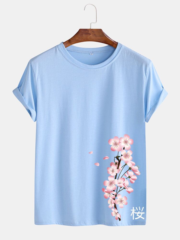 Kurzärmliges O-ausschnitt-t-shirt Im Japanischen Stil Mit Kirschendruck Für Herren