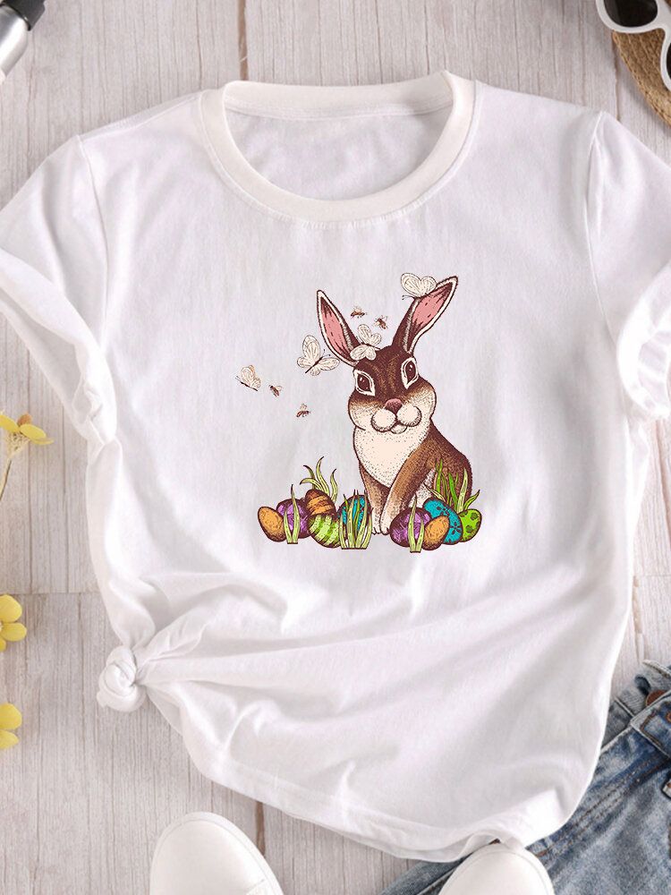 Kurzärmliges O-ausschnitt-t-shirt Mit Osterhasen-print Für Damen