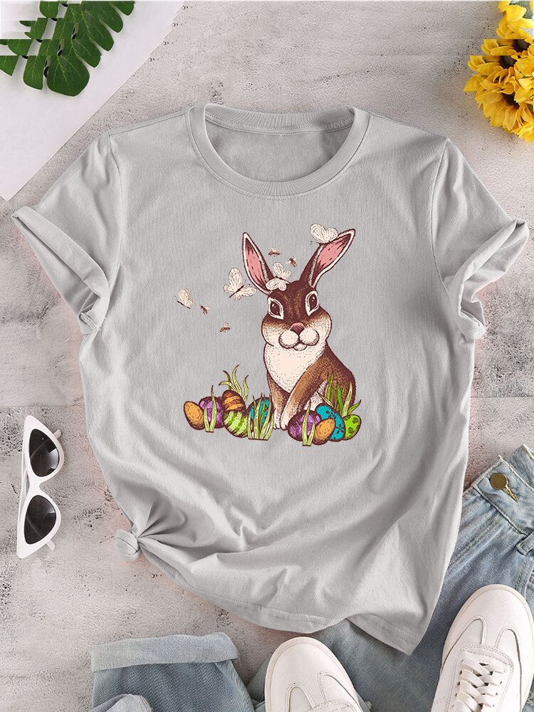 Kurzärmliges O-ausschnitt-t-shirt Mit Osterhasen-print Für Damen