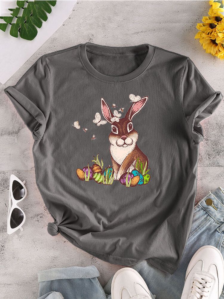 Kurzärmliges O-ausschnitt-t-shirt Mit Osterhasen-print Für Damen