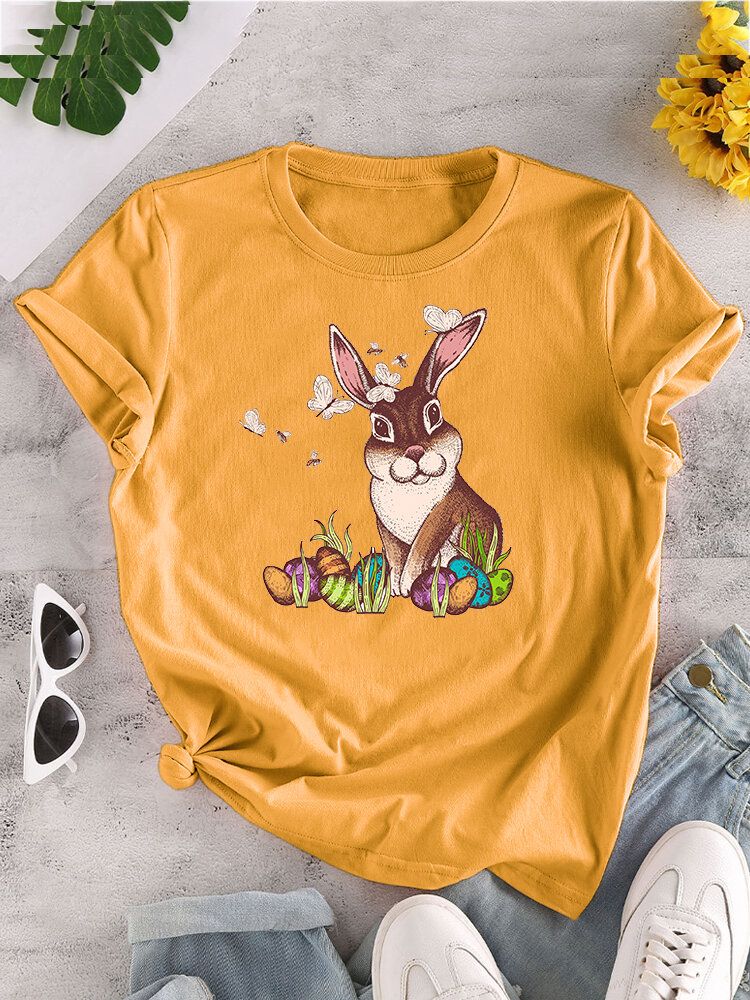 Kurzärmliges O-ausschnitt-t-shirt Mit Osterhasen-print Für Damen