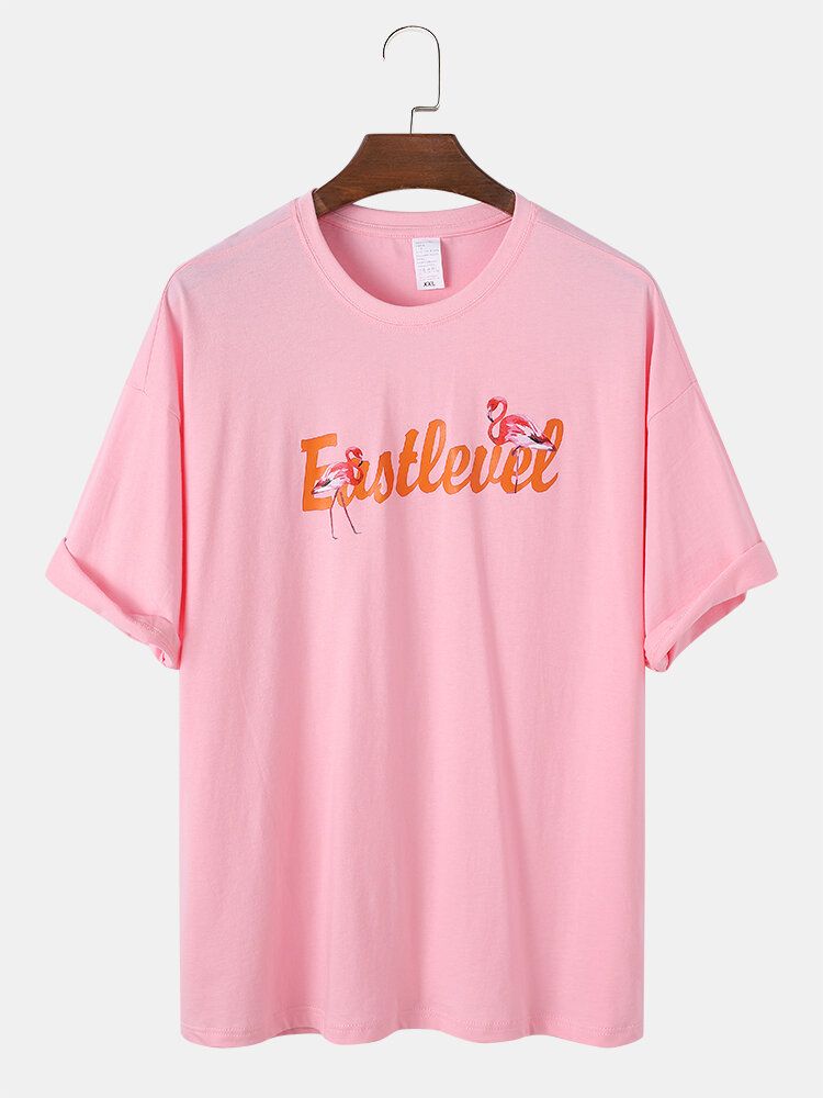 Kurzärmliges Rundhals-t-shirt Aus Lockerer Baumwolle Mit Flamingo-buchstabendruck Für Herren