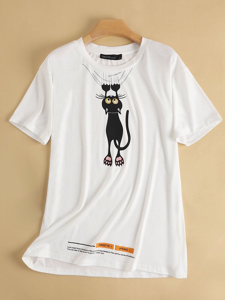 Kurzärmliges Rundhals-t-shirt Mit Cartoon-katzen-buchstabendruck