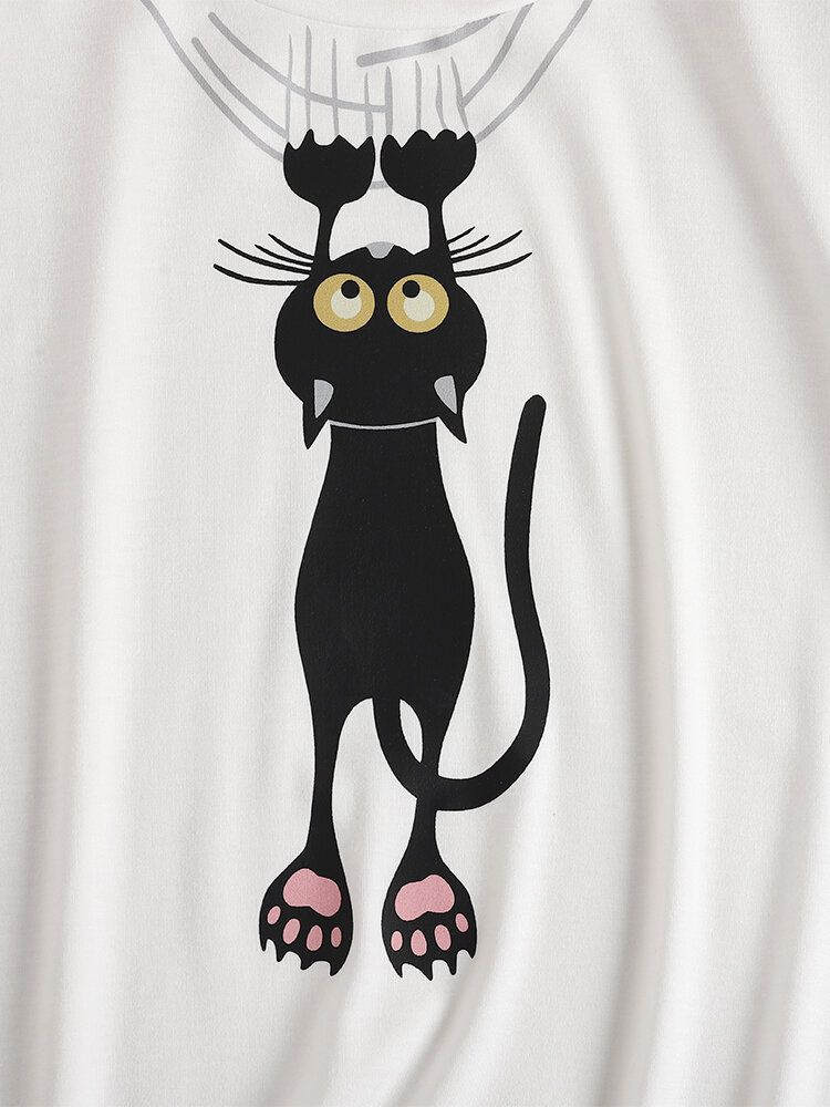 Kurzärmliges Rundhals-t-shirt Mit Cartoon-katzen-buchstabendruck