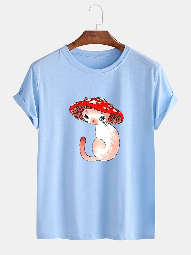 Kurzärmliges Rundhals-t-shirt Mit Cartoon-pilz-katze-print Für Herren