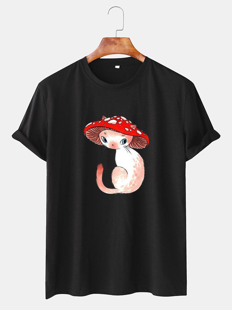 Kurzärmliges Rundhals-t-shirt Mit Cartoon-pilz-katze-print Für Herren