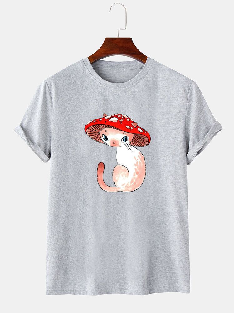 Kurzärmliges Rundhals-t-shirt Mit Cartoon-pilz-katze-print Für Herren