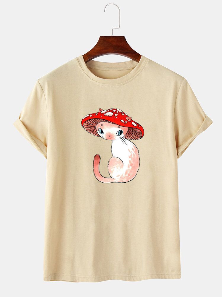 Kurzärmliges Rundhals-t-shirt Mit Cartoon-pilz-katze-print Für Herren