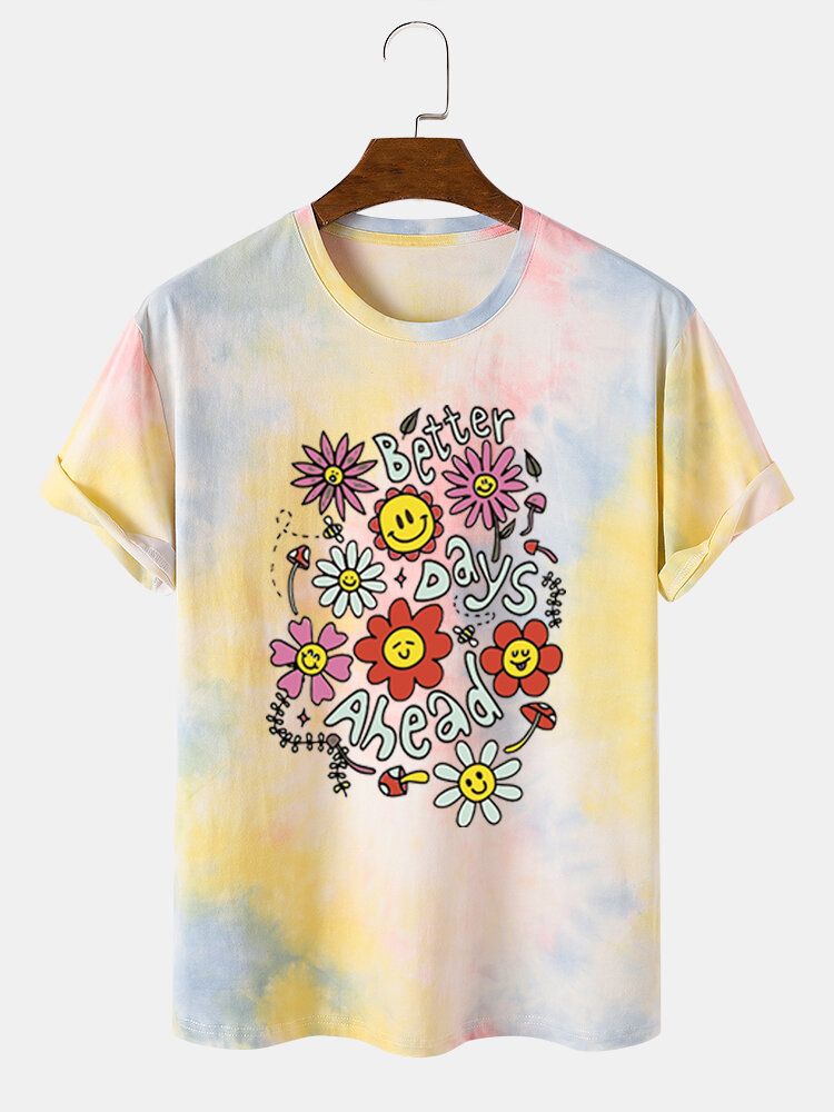 Kurzärmliges T-shirt Aus Baumwolle Mit Smile Cartoon-blumendruck Und Batikmuster