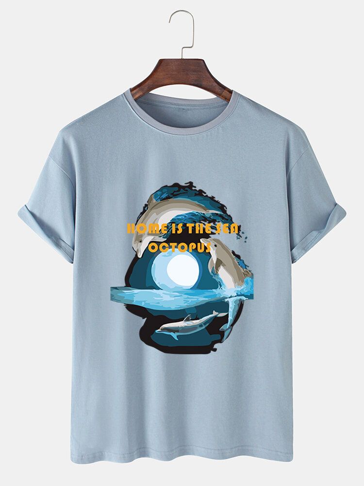 Kurzärmliges T-shirt Mit O-ausschnitt Aus 100 % Baumwolle Mit Delphin-grafikdruck Für Herren