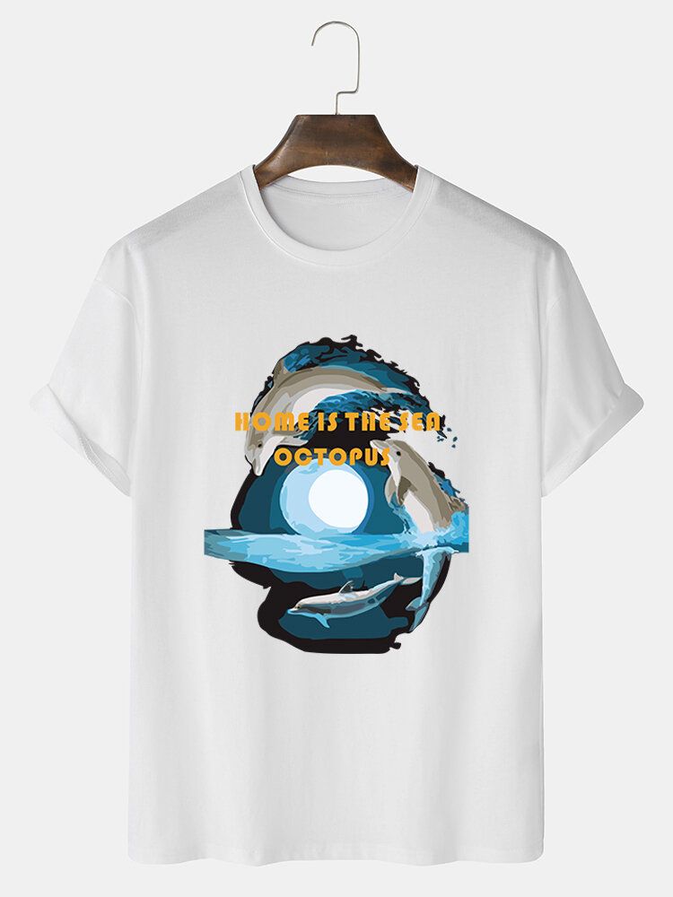 Kurzärmliges T-shirt Mit O-ausschnitt Aus 100 % Baumwolle Mit Delphin-grafikdruck Für Herren