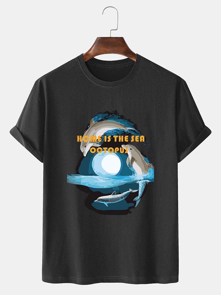 Kurzärmliges T-shirt Mit O-ausschnitt Aus 100 % Baumwolle Mit Delphin-grafikdruck Für Herren