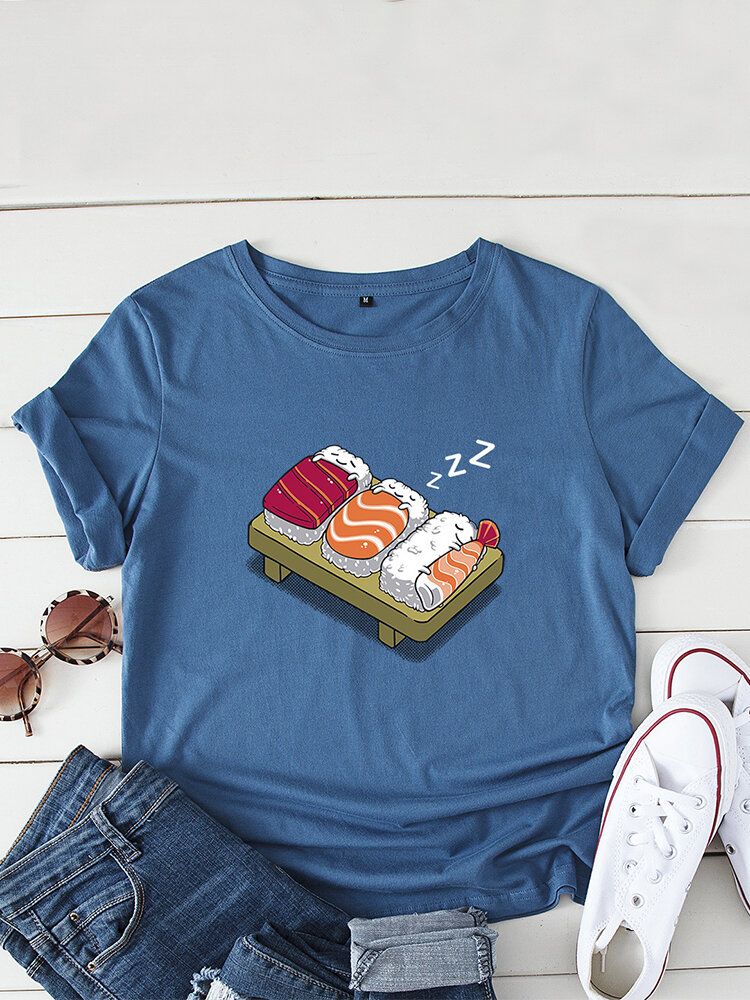 Kurzarm-freizeit-t-shirt Mit O-ausschnitt Cartoon-schlaf-sushi-aufdruck Damen