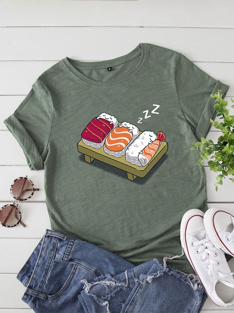 Kurzarm-freizeit-t-shirt Mit O-ausschnitt Cartoon-schlaf-sushi-aufdruck Damen