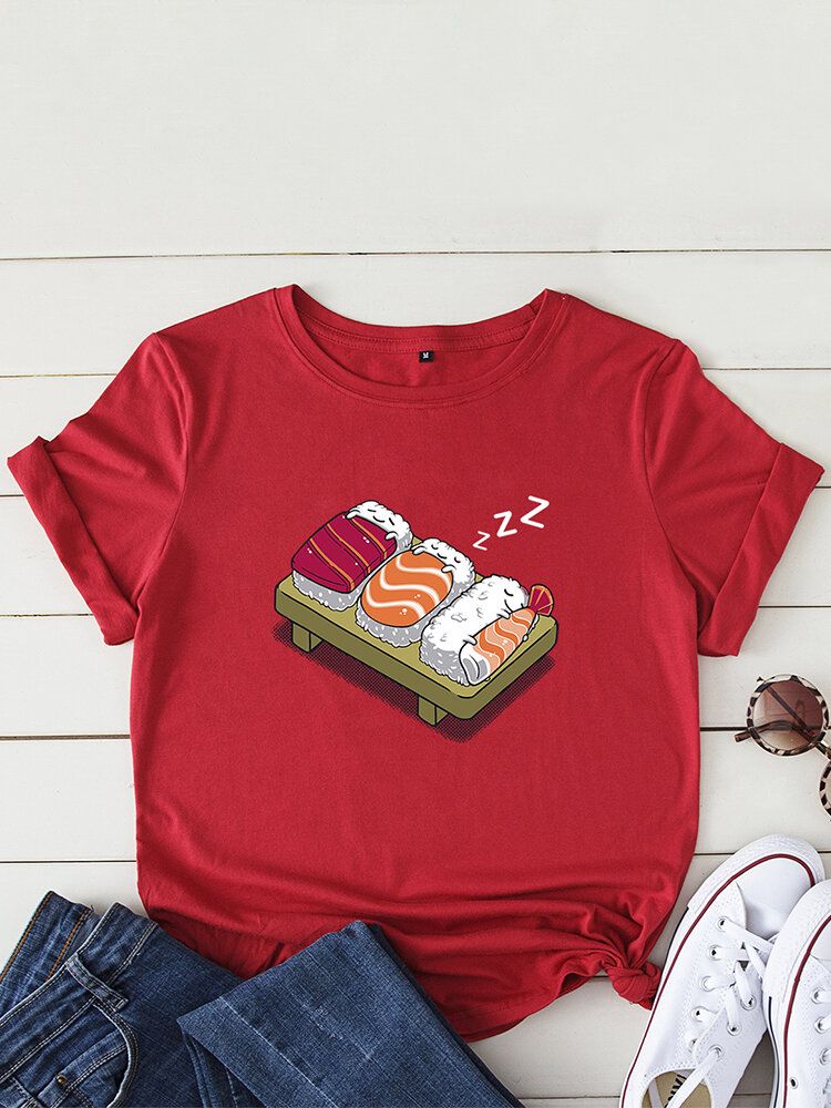 Kurzarm-freizeit-t-shirt Mit O-ausschnitt Cartoon-schlaf-sushi-aufdruck Damen