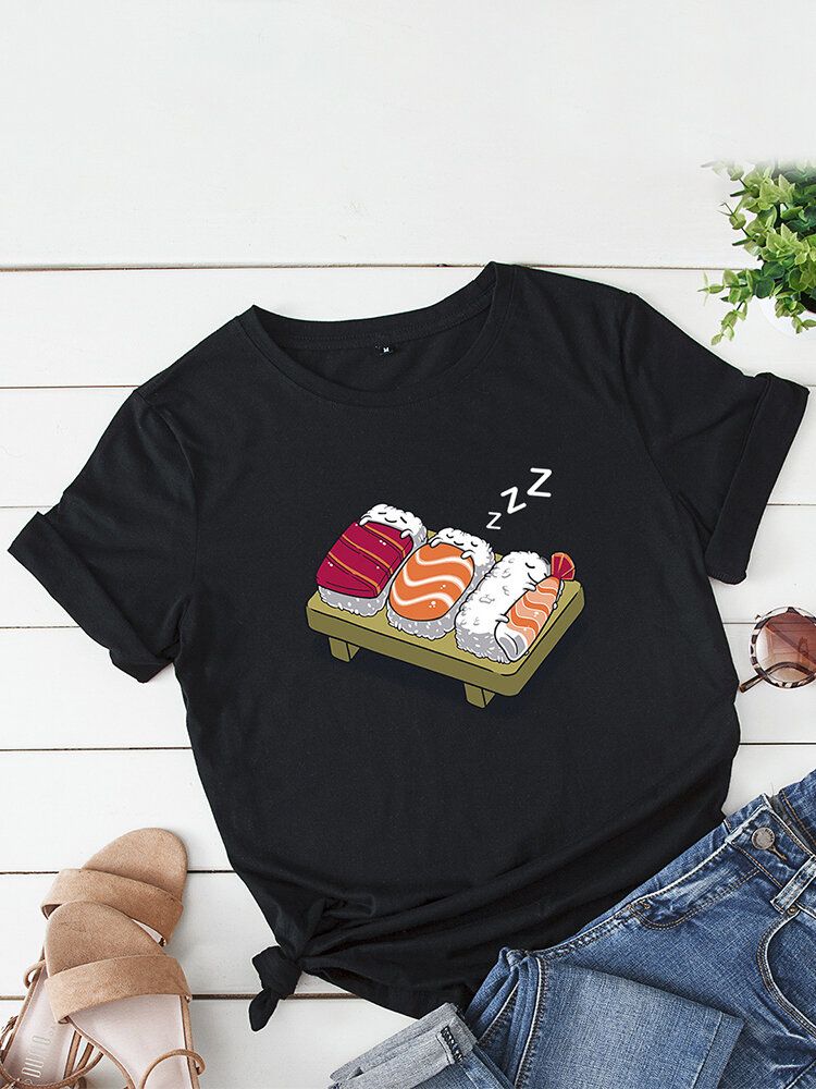 Kurzarm-freizeit-t-shirt Mit O-ausschnitt Cartoon-schlaf-sushi-aufdruck Damen