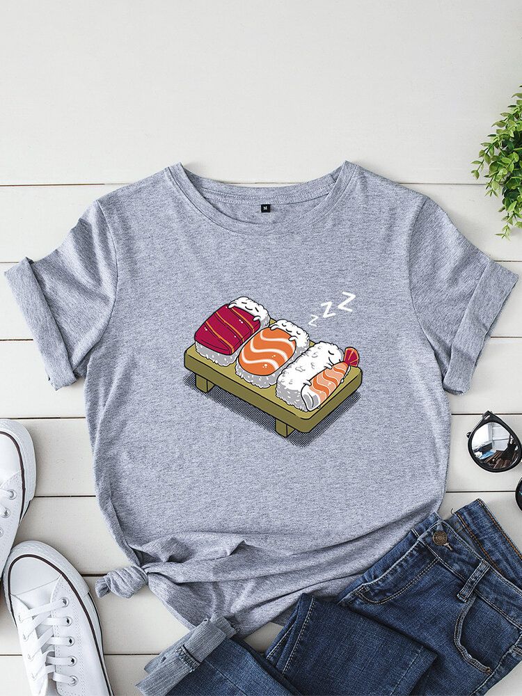 Kurzarm-freizeit-t-shirt Mit O-ausschnitt Cartoon-schlaf-sushi-aufdruck Damen