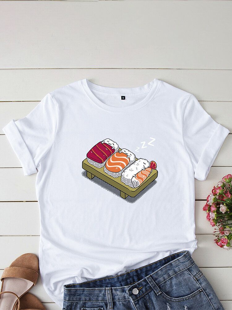 Kurzarm-freizeit-t-shirt Mit O-ausschnitt Cartoon-schlaf-sushi-aufdruck Damen