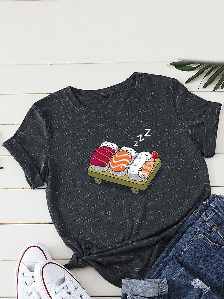 Kurzarm-freizeit-t-shirt Mit O-ausschnitt Cartoon-schlaf-sushi-aufdruck Damen