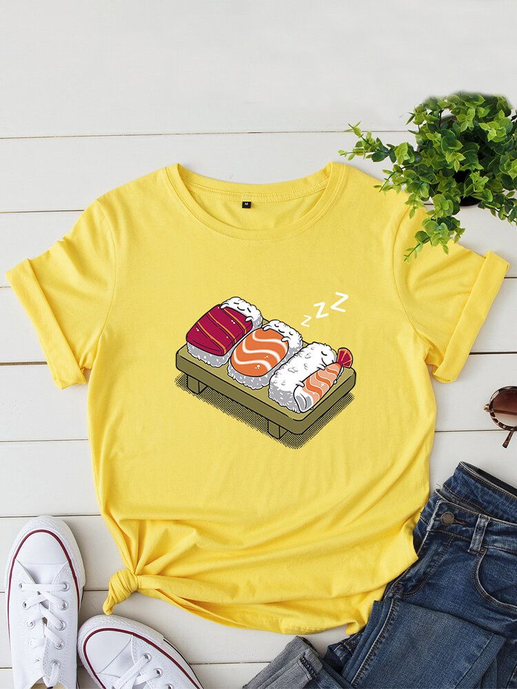 Kurzarm-freizeit-t-shirt Mit O-ausschnitt Cartoon-schlaf-sushi-aufdruck Damen