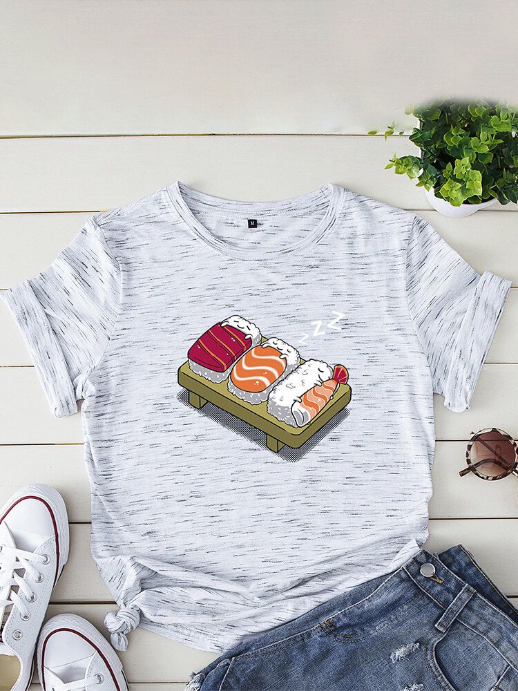 Kurzarm-freizeit-t-shirt Mit O-ausschnitt Cartoon-schlaf-sushi-aufdruck Damen