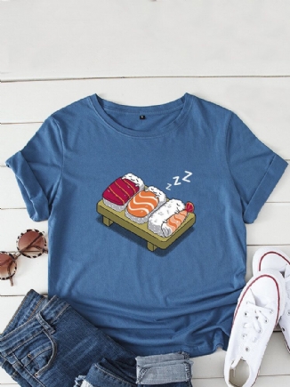 Kurzarm-freizeit-t-shirt Mit O-ausschnitt Cartoon-schlaf-sushi-aufdruck Damen