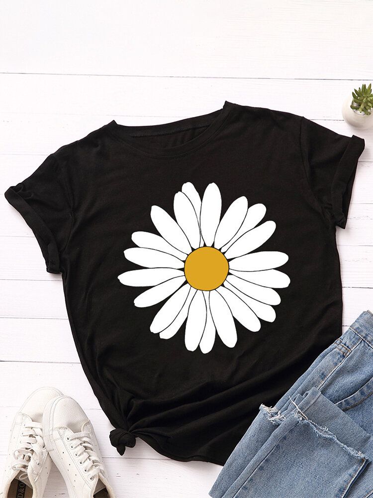 Lässige Kurzarm-t-shirts Mit O-ausschnitt Und Gänseblümchen-blumendruck Für Damen