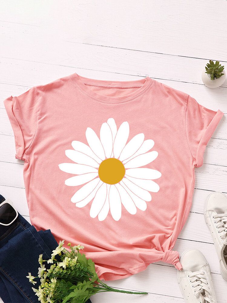 Lässige Kurzarm-t-shirts Mit O-ausschnitt Und Gänseblümchen-blumendruck Für Damen