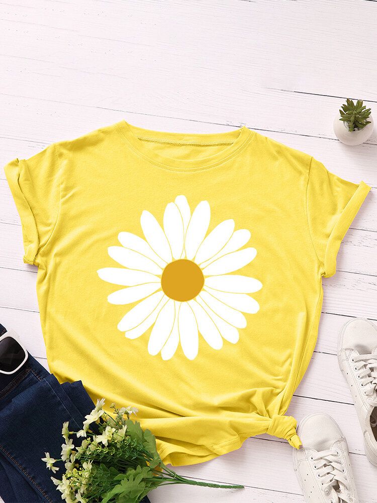 Lässige Kurzarm-t-shirts Mit O-ausschnitt Und Gänseblümchen-blumendruck Für Damen