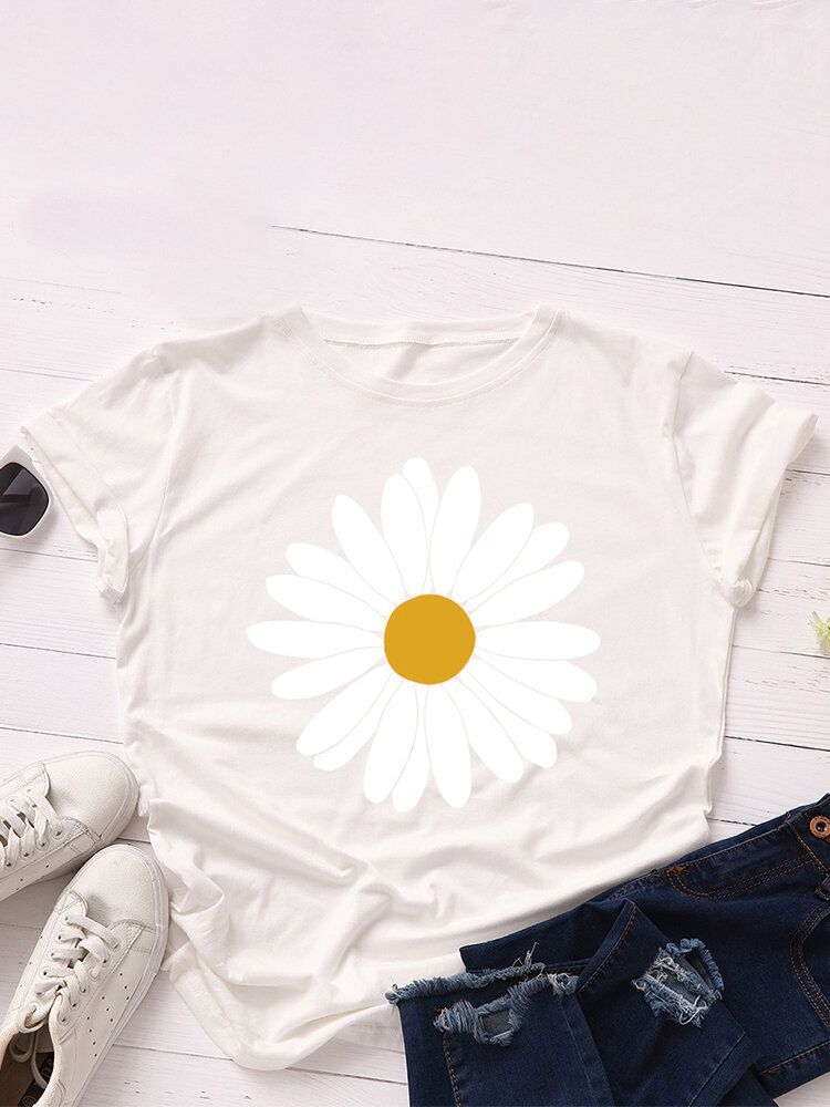 Lässige Kurzarm-t-shirts Mit O-ausschnitt Und Gänseblümchen-blumendruck Für Damen