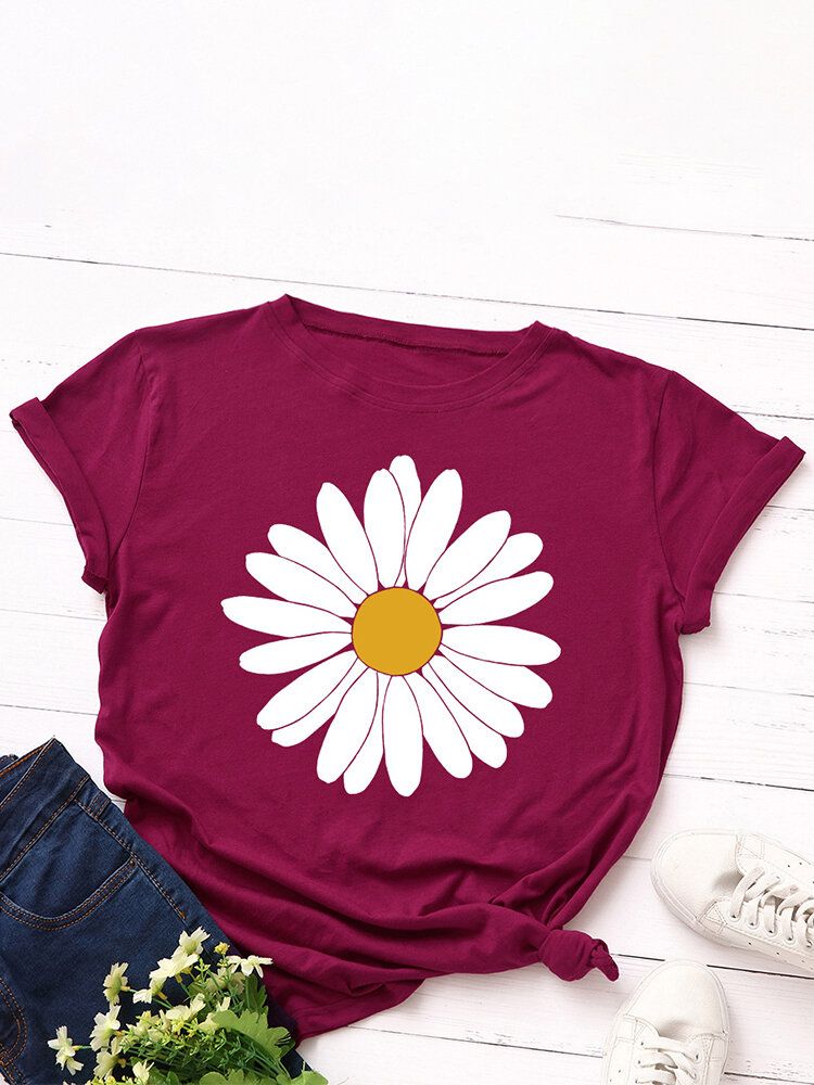 Lässige Kurzarm-t-shirts Mit O-ausschnitt Und Gänseblümchen-blumendruck Für Damen