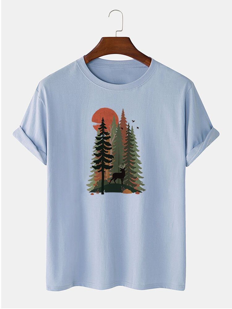 Lässiges Kurzarm-t-shirt Aus 100 % Baumwolle Mit Waldhirsch-maldruck Für Herren