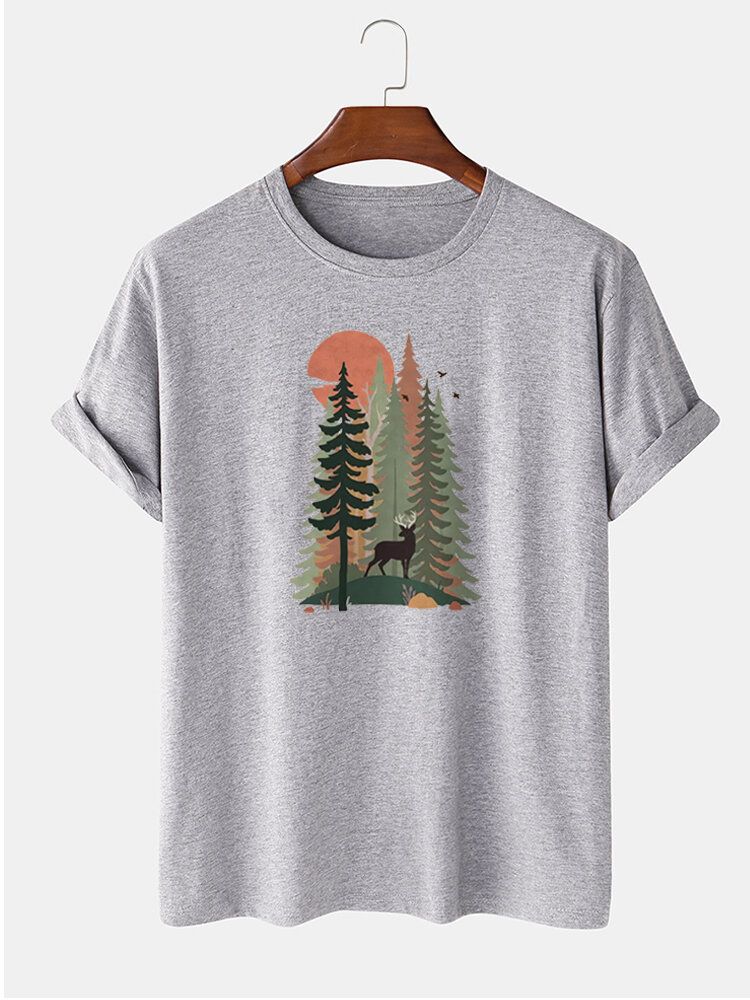 Lässiges Kurzarm-t-shirt Aus 100 % Baumwolle Mit Waldhirsch-maldruck Für Herren