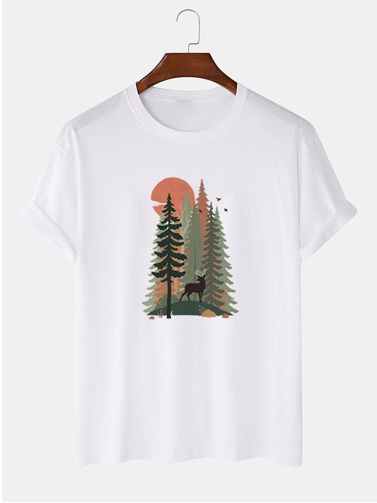 Lässiges Kurzarm-t-shirt Aus 100 % Baumwolle Mit Waldhirsch-maldruck Für Herren