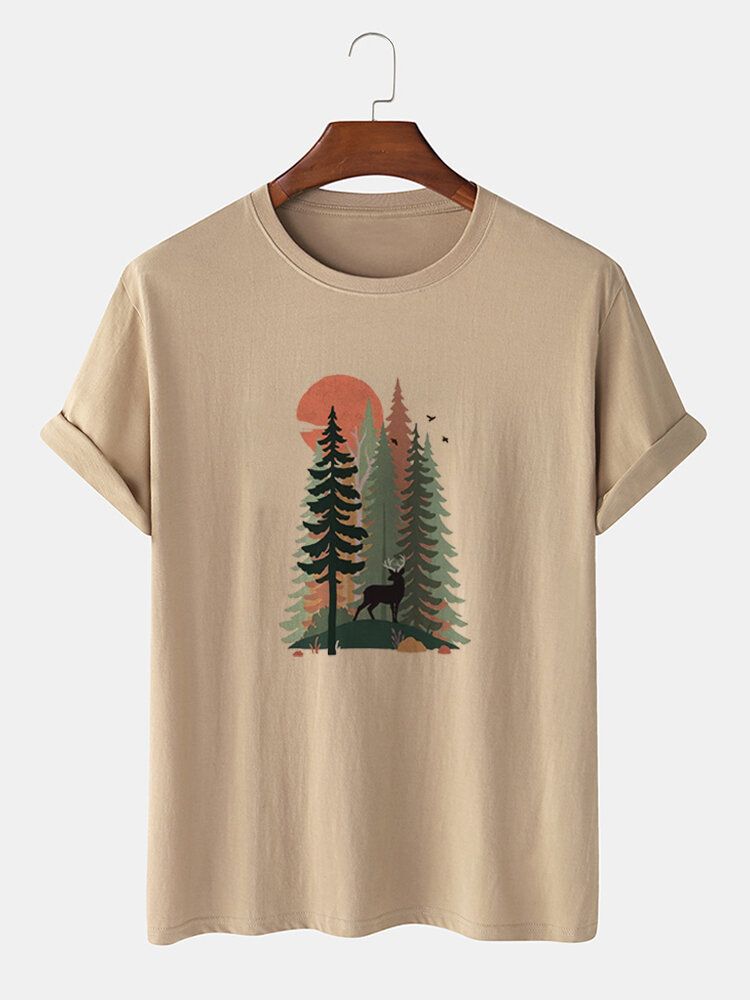 Lässiges Kurzarm-t-shirt Aus 100 % Baumwolle Mit Waldhirsch-maldruck Für Herren