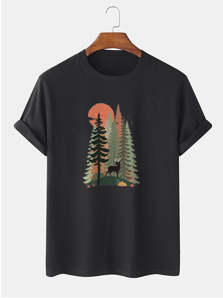 Lässiges Kurzarm-t-shirt Aus 100 % Baumwolle Mit Waldhirsch-maldruck Für Herren