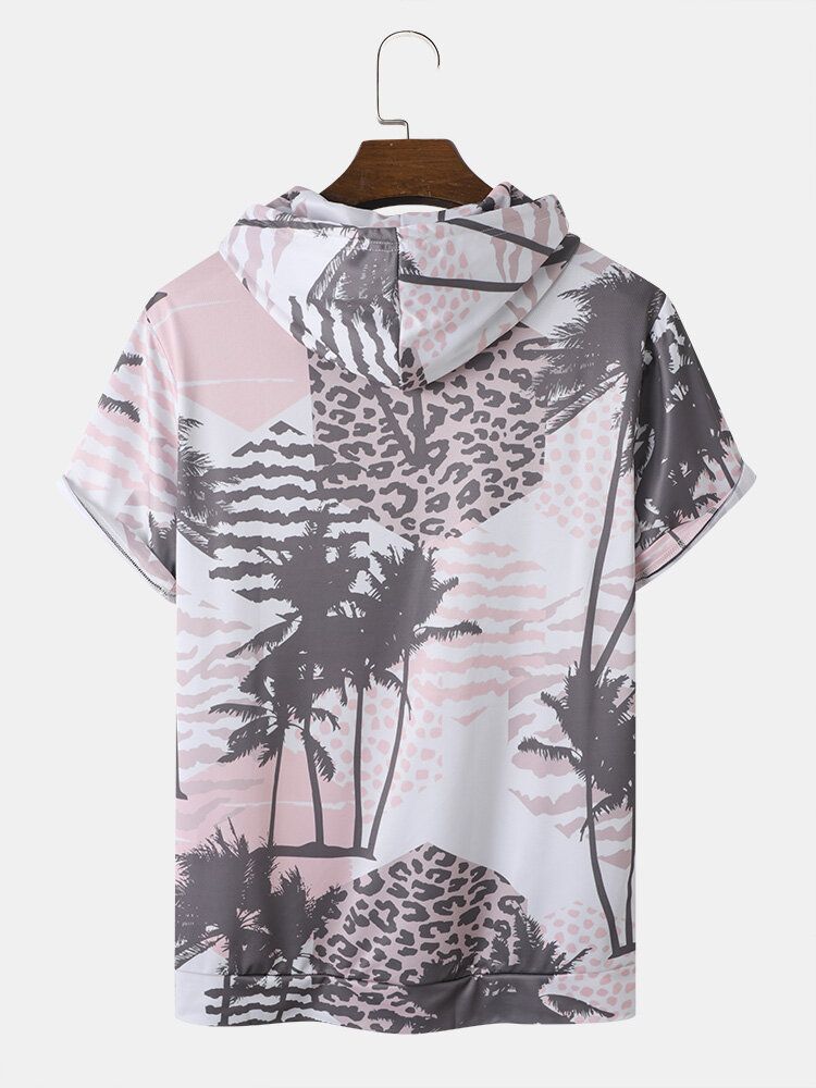 Männer Palme Leopard Kapuze Kordelzug Kurzarm Casual T-shirts