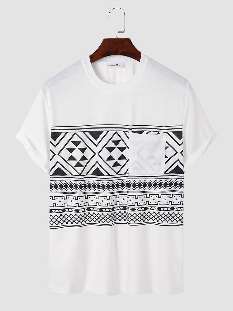 Männer Tribal Print Brusttasche Rundhals Weich Kurzarm Casual T-shirts