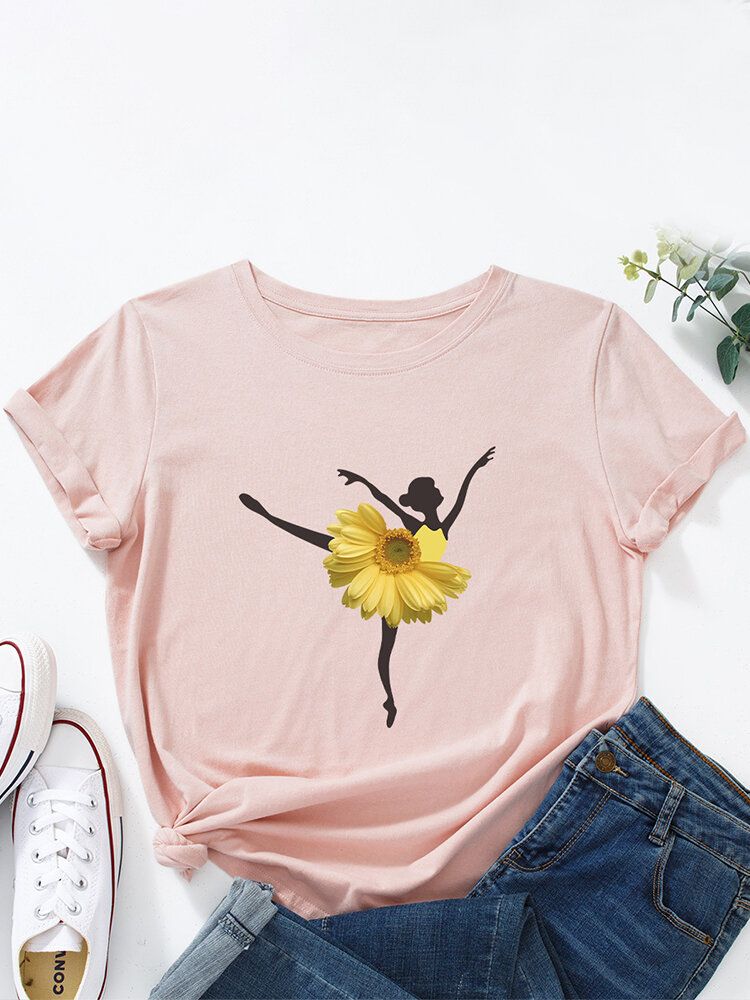 Mehrfarbiges Kurzarm-t-shirt Mit O-ausschnitt Und Blumen-tänzerin Für Damen