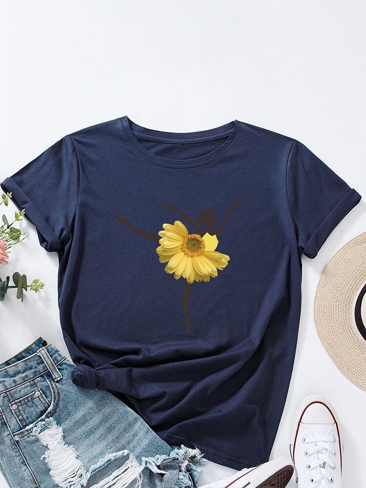 Mehrfarbiges Kurzarm-t-shirt Mit O-ausschnitt Und Blumen-tänzerin Für Damen