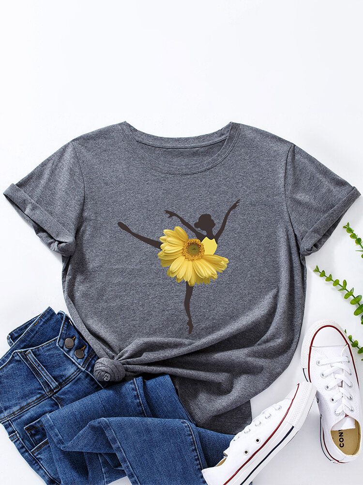 Mehrfarbiges Kurzarm-t-shirt Mit O-ausschnitt Und Blumen-tänzerin Für Damen