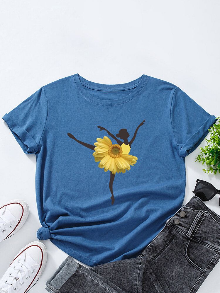 Mehrfarbiges Kurzarm-t-shirt Mit O-ausschnitt Und Blumen-tänzerin Für Damen