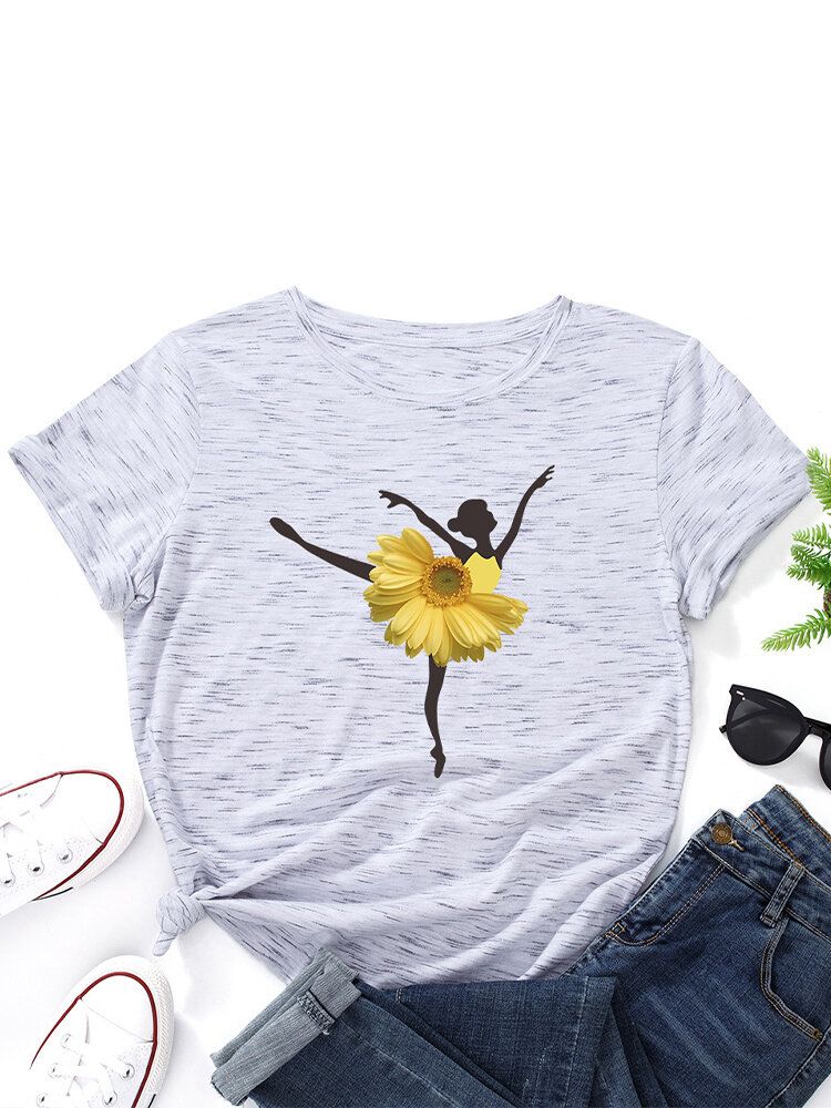 Mehrfarbiges Kurzarm-t-shirt Mit O-ausschnitt Und Blumen-tänzerin Für Damen