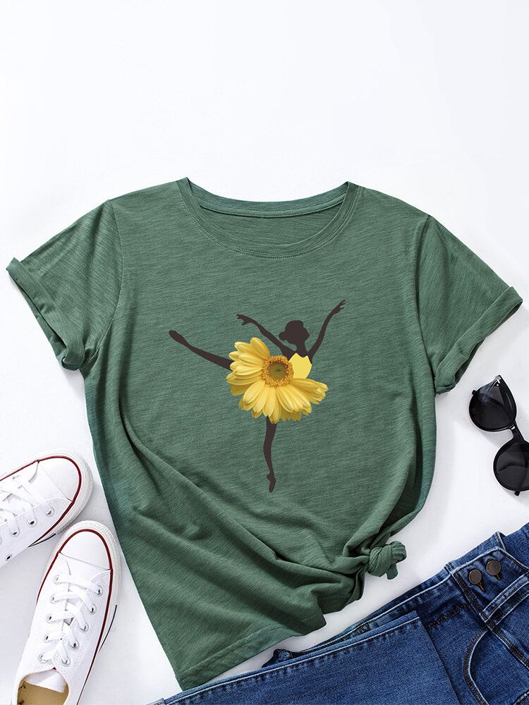 Mehrfarbiges Kurzarm-t-shirt Mit O-ausschnitt Und Blumen-tänzerin Für Damen